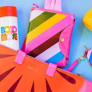 Ban.do pink stripe rainbow reuse reduce foldable Market tote new with tags NWT